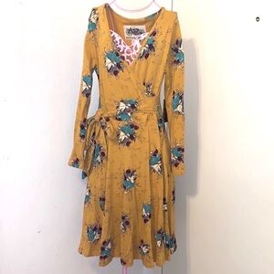 Effie's Heart Mustard Yellow Berries Crossover neckline Dress- Medium (8-10)